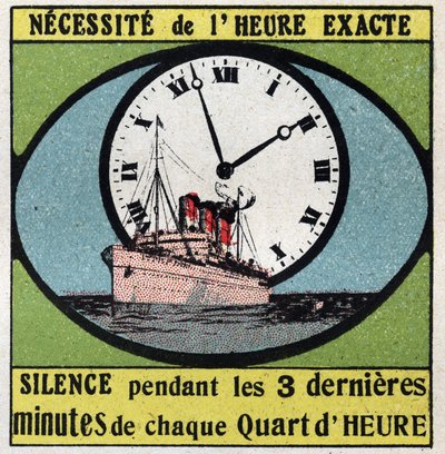 Die T.S.F.: erfordert die genaue Zeit. Stille für die letzten 3 Minuten jeder Viertelstunde. Anonyme Illustration von 1925. Private Sammlung. von Anonymous Anonymous