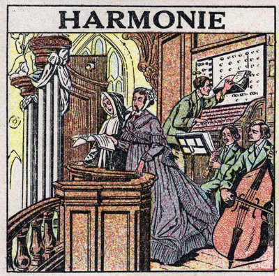 Die Kunst der Klänge: Harmonie. Sänger und Musiker in einer Kirche. von Anonymous Anonymous