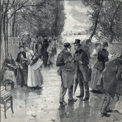 Der Buchhändler-Spaziergang an den Ufern der Quais in Paris. Gravur in Le Petit Parisien am 30.10.1892. Private Sammlung von Anonymous Anonymous