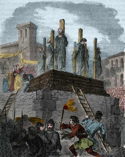 Der Fall der Ketzer von Orléans: Kanoniker wurden 1022 in Orléans wegen Ketzerei zum Scheiterhaufen verurteilt. (Erster Scheiterhaufen in der Geschichte des Kampfes gegen die Ketzerei im Westen unter der Herrschaft von Robert II. dem Frommen (996-1031). Gr von Anonymous Anonymous