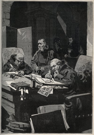 Der Chrysograph: Mönche, die im Mittelalter goldene Buchstaben illuminieren. Gravur von 1885 in „Les arts et métiers illustrés“ von Adolphe Bitard. von Anonymous Anonymous