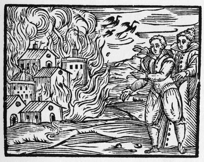 Der Fluch der Zauberer, die die Stadt verbrennen - „Compendium Maleficarum“, behandelt Hexen, ihre Bosheit und ihre Zaubersprüche von Francesco Maria Guazzo oder Guaccio oder Guaccius (15?? -16??) 1608 Private Sammlung von Anonymous Anonymous