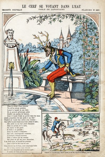 Der Hirsch sieht sich im Wasser. Anonyme Illustration für Les Fables von Jean de La Fontaine (1621-1695). Bilddruck von Pont-à-Mousson, ca. 1880. Private Sammlung. von Anonymous Anonymous