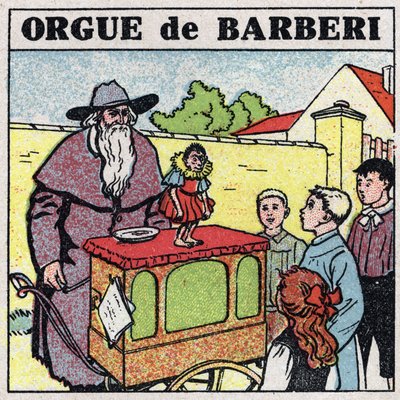 Die Wirkung der Musik: ein Leierkastenmann und ein Affe unterhalten Kinder auf der Straße. Anonyme Illustration von 1925. Private Sammlung. von Anonymous Anonymous
