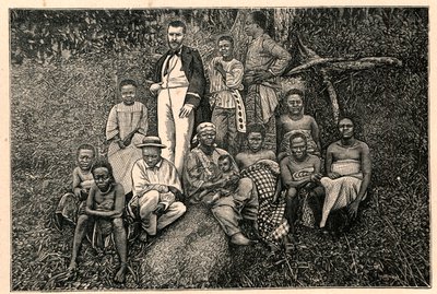 Der Entdecker Pierre Savorgnan de Brazza (1852-1905) und eine Gruppe von Einheimischen aus dem Apostolischen Vikariat der beiden Guineas in Gabun. Gravur in „Les Missions Catholiques au XIXème Siècle“ von Louis-Eugène Louvet. Private Sammlung. von Anonymous Anonymous
