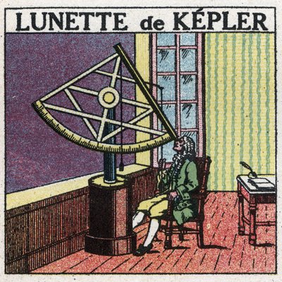 Die ersten optischen Instrumente: Astronomisches Fernrohr von Johannes Kepler (1571-1630) um 1615 erfunden. Anonyme Illustration von 1925. Private Sammlung. von Anonymous Anonymous