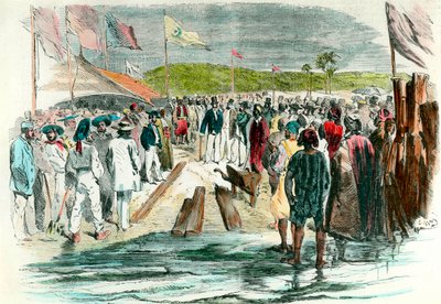 Der erste Spatenstich bei der Einweihung der Bohrarbeiten am Suezkanal am 25. April 1859. Die Baustelle in Ägypten, die das Rote Meer mit dem Mittelmeer verbinden sollte, dauerte bis 1869. Gravur des 19. Jahrhunderts. Private Sammlung von Anonymous Anonymous