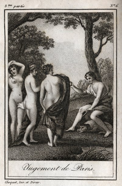 Das Urteil des Paris. Der Hirte Paris muss entscheiden, wem er den goldenen Apfel überreicht, um die Schönste der drei Göttinnen, Athena, Aphrodite oder Hera, zu bestimmen. Gravur von 1819 in „Lettres a Emilie sur la mythologie“ von Charles Albert Demousti von Anonymous Anonymous