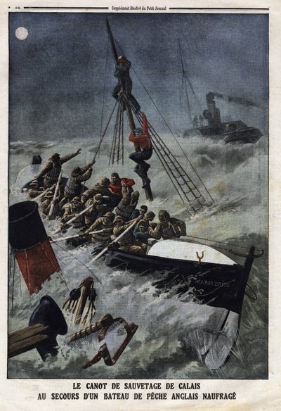Das Rettungsboot von Calais rettet ein sinkendes englisches Fischerboot. Gravur in „Le Petite Journal“, am 11.02.1912. Private Sammlung. von Anonymous Anonymous