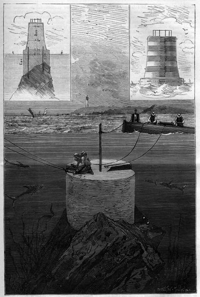 Der Leuchtturm von Lavezzi: Bau des Turmfeuers der Lavezzi-Inseln auf der Höhe der Meerenge, die Korsika von Sardinien im Mittelmeer trennt, erbaut 1874 von der Nationalen Marine nach dem Untergang der Semillante im Jahr 1. von Anonymous Anonymous