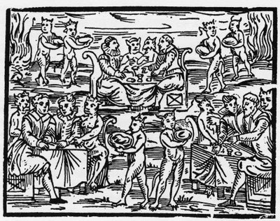Das Mahl der Hexen am Sabbat - „Compendium Maleficarum“, behandelt Hexen, ihre Bosheit und ihre Zauberei von Francesco Maria Guazzo (1608) Private Sammlung von Anonymous Anonymous