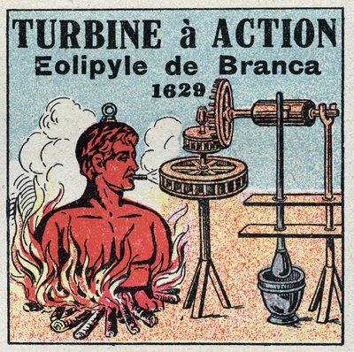 Die Dampfmaschine: Turbine hat Aktion. Eolipyle, erfunden von Giovanni Branca (1571-1645) im Jahr 1629. Anonyme Illustration von 1925. Private Sammlung. von Anonymous Anonymous