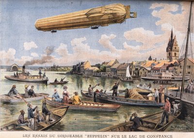 Die Tests des Zeppelin-Luftschiffs auf dem Bodensee in Deutschland. Gravur aus der Zeitung 