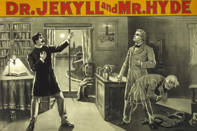 Die Verwandlung. „Doktor Jekyll und Mister Hyde“, Rory of Terror von Robert Louis Stevenson (1886). Amerikanisches Plakat aus dem späten 19. Jahrhundert für eine Theatervorstellung. Private Sammlung Mailand. von Anonymous Anonymous