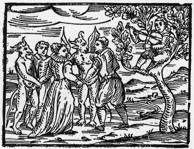 Die Hexen tanzen auf dem Sabbat zum Klang der Geige - „Compendium Maleficarum“, behandelt Hexen, ihre Bosheit und ihre Zauberei von Francesco Maria Guazzo oder Guaccio oder Guaccius (15?? -16??) 1608 Private Sammlung von Anonymous Anonymous