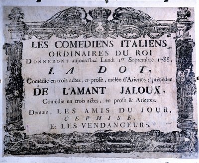 Theaterplakat, das das Stück „The dot“ und „The jealous lover“ präsentiert, aufgeführt von italienischen Komikern, 01/09/1788. Paris. Carnavalet Museum von Anonymous Anonymous
