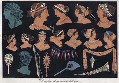Tiaras und Kopfschmuck im antiken Griechenland - Gravur aus „Usi e Costumi di Tutti i Popoli dell