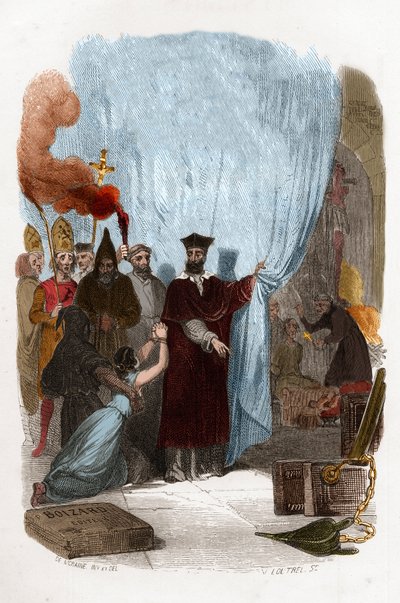 Tomás de Torquemada (1420-1498), Dominikanermönch und Organisator der Inquisition in Spanien. Farbgravur des 19. Jahrhunderts. Illustration in „Mystères de l