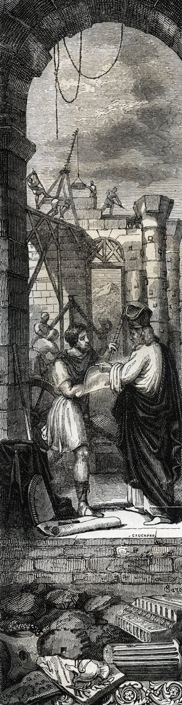 Trophime von Arles oder Saint Trophime (3. Jahrhundert) baut die Kirche von Arles - Gravur von 1846 in „Lives des saints“. Private Sammlung. von Anonymous Anonymous