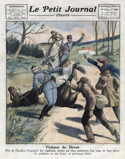 Verschiedene Fakten: Mord an zwei Gendarmen durch vagabundierende Kriminelle auf der Straße nach Cavaillon im Vaucluse. Illustration aus „Le petit journal“ vom 06.03.1921. Private Sammlung von Anonymous Anonymous