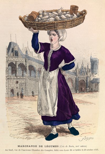 Gemüseverkäufer in Paris im 16. Jahrhundert (im Hintergrund, Ansicht der ehemaligen Rechnungskammer, erbaut unter Ludwig XI. und am 27. Oktober 1737 abgebrannt) von Anonymous Anonymous