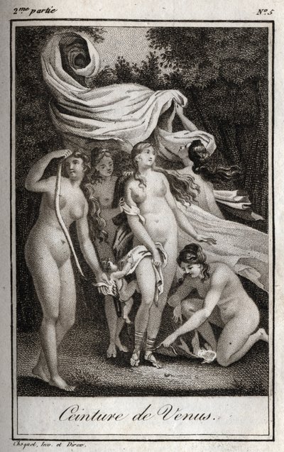 Venusgürtel: Während die Schlacht zugunsten der Trojaner weitergeht, benutzt Juno den Gürtel der Venus, um Jupiter zu bezaubern, und Schlaf, um ihn einzuschläfern. Gravur von 1819 in „Lettres à Emilie sur la mythologie“ von Charles Albert Demoustier (1760- von Anonymous Anonymous
