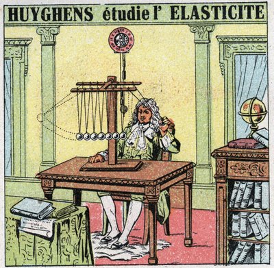 Schwingungsbewegungen: Christiaan Huygens (1629-1695) untersucht die Elastizität des Materials durch Beobachtung von Elfenbeinkugeln. Anonyme Illustration von 1925. Privatsammlung. von Anonymous Anonymous