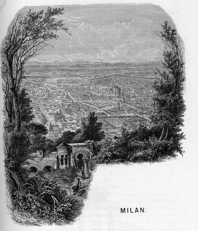 Ansicht der Stadt Mailand (Milano), Italien. Gravur von 1859 in „Les galeries de l