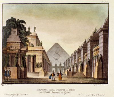 Ansicht des Tempels der Isis, Szenografie für das Ballett „Ottaviano in Egitto“ von Giovanni Galzerani (1828). Lithografie in „Raccolta di invenzioni sceniche del 1830 di Alessandro Sanquirico“. Mailänder Privatsammlung von Anonymous Anonymous