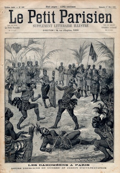 Kriegsexerzitien: Amazonen, Krieger und Feticheure aus Dahomey (heute Benin) aus dem Garten der Akklimatisation in Paris (Menschlicher Zoo). Gravur in „Le petit Parisien“ von 1891. Private Sammlung. von Anonymous Anonymous