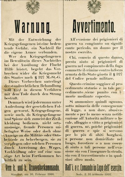 Warnung nach der Flucht italienischer Kriegsgefangener am 16. Februar 1916, die die österreichische Bevölkerung auffordert, ihnen nicht zu helfen von Anonymous Anonymous