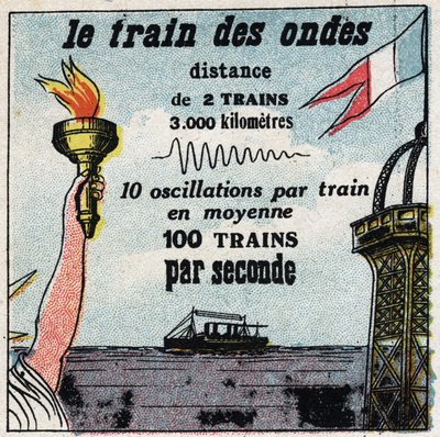Drahtlose Telegrafie: Der Zug der Wellen. Zwischen Paris und New York gibt es nie mehr als zwei Wellen. Anonyme Illustration von 1925. Private Sammlung. von Anonymous Anonymous