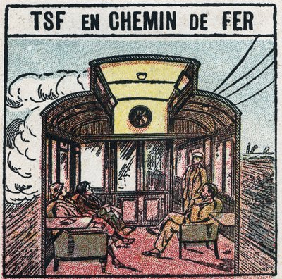 Drahtlose Telefonie: T.S.F. in einem Eisenbahnwagen. Anonyme Illustration von 1925. Private Sammlung. von Anonymous Anonymous