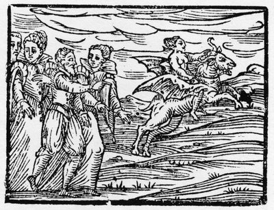 Hexe reitet auf einer Ziege - „Compendium Maleficarum“, behandelt Hexen, ihre Bosheit und ihre Zaubersprüche von Francesco Maria Guazzo oder Guaccio oder Guaccius (15?? -16??) 1608 Private Sammlung von Anonymous Anonymous