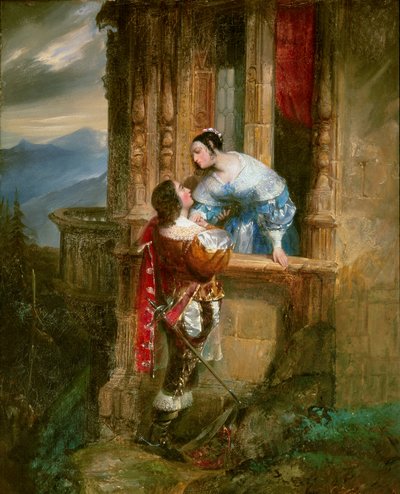 Junger Mann umwirbt eine Dame auf ihrem Balkon. Illustration für „Romeo und Julia“ von William Shakespeare von Anonymous Anonymous