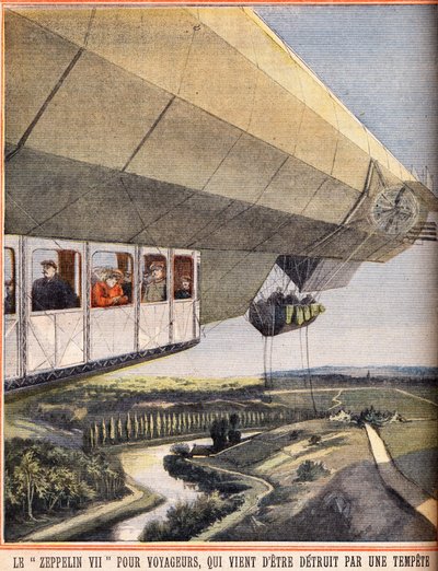 Zeppelin VII für Reisende, der gerade durch einen Sturm zerstört wurde. Gravur in „Le petit parisien“ am 10.07.1910. Private Sammlung. von Anonymous Anonymous