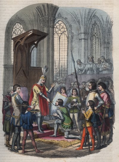 Ritterschlag - Arthur I., Herzog der Bretagne oder Arthur Plantagenet, nach der Einnahme von Gournay-en-Bray, wird von Philipp II. oder Philipp August zum Ritter geschlagen von Anonymous Anonymous