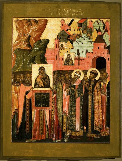 Ankunft der Ikone Unserer Lieben Frau von Wladimir in Moskau im Jahr 1395, Mitte des 17. Jahrhunderts von Anonymous Russian icon painter