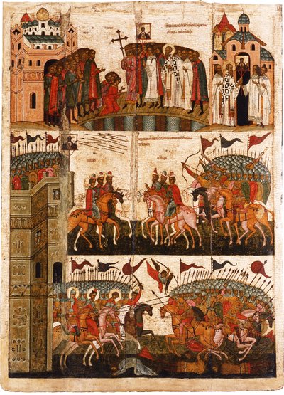 Schlacht zwischen den Nowgorodern und Susdalern, Mitte des 15. Jahrhunderts von Anonymous Russian icon painter