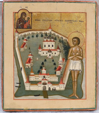 Heiliger Jakobus von Borovichi, Wundertäter von Nowgorod mit dem Valday Iversky Kloster, frühes 19. Jahrhundert von Anonymous Russian icon painter