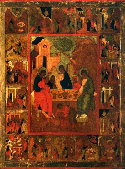 Die Gastfreundschaft Abrahams, Altes Testament Dreifaltigkeit, Ende des 16. Jahrhunderts von Anonymous Russian icon painter