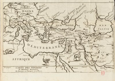 Karte von Taverniers Reisen in Europa, Persien, Türkei, 17. Jahrhundert von Anonymous master.
