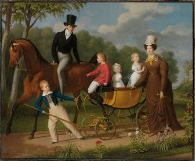 Porträt eines Gentlemans, angeblich der russische Architekt Voronikhin im Park des Pavlovsk-Palastes mit seiner Frau und seinen Kindern von Anthelme Francois Lagrenee