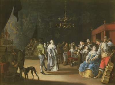 Das Bankett, ein tanzendes Paar mit Festen und Feiern im Hintergrund von Anthonie Palamedesz