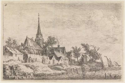 Dorf mit einer Kirche mit spitzem Turm am Meeresufer (Nr. 4 aus einer Serie von 12 Drucken) von Anthonie Waterloo