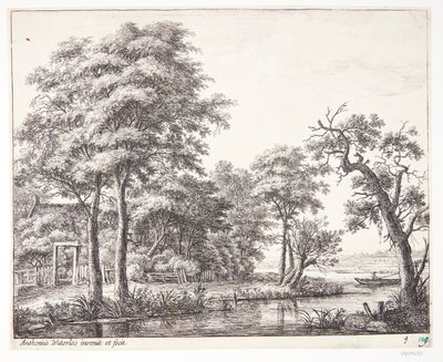 Flusslandschaft mit Mann in einem Boot von Anthonie Waterloo