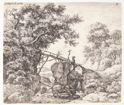 Hirte auf einer geneigten Holzbrücke von Anthonie Waterloo