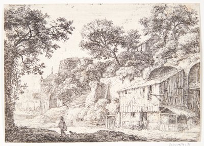 Landstraße mit Mann im Umhang und seinem Hund von Anthonie Waterloo