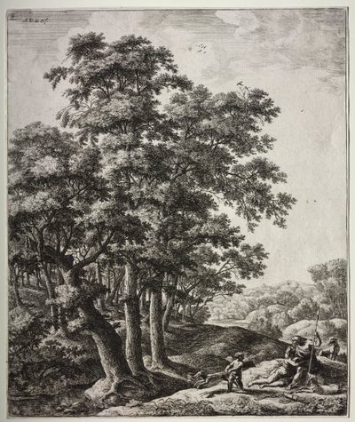 Sechs große aufrechte Landschaften mit Szenen aus Ovids Metamorphosen: Venus und Adonis von Anthonie Waterloo