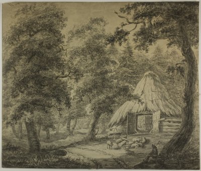 Reetdachhütte im Wald mit Schäfer und Schafen von Anthonie Waterloo